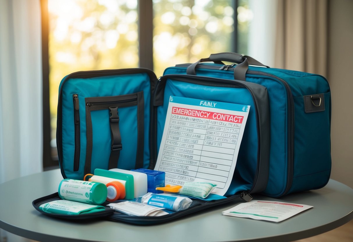 A family's travel bag open on a table, with a list of emergency contact numbers and medical supplies spilling out