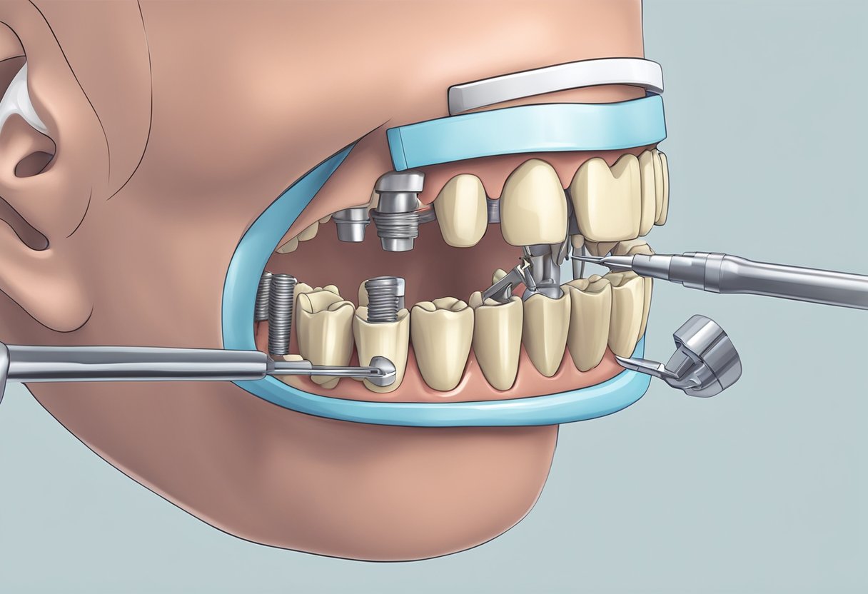 A dental implant being placed into a patient's jawbone using advanced surgical tools and equipment