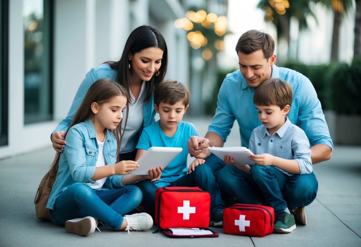 A family with children researching local healthcare options and packing a first aid kit for travel