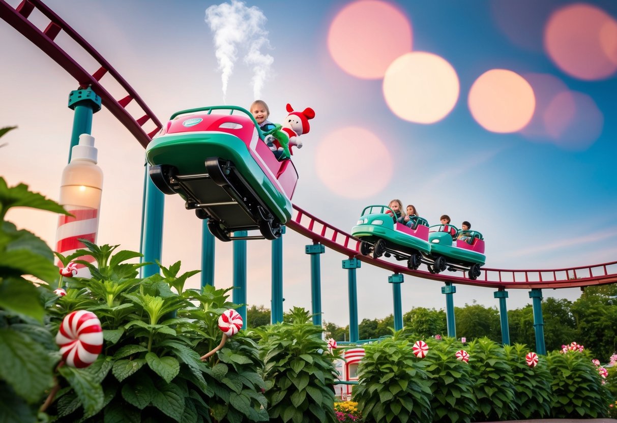 A child-friendly roller coaster with peppermint plants lining the track, a child holding a peppermint-scented stuffed animal, and peppermint oil diffusing in the air