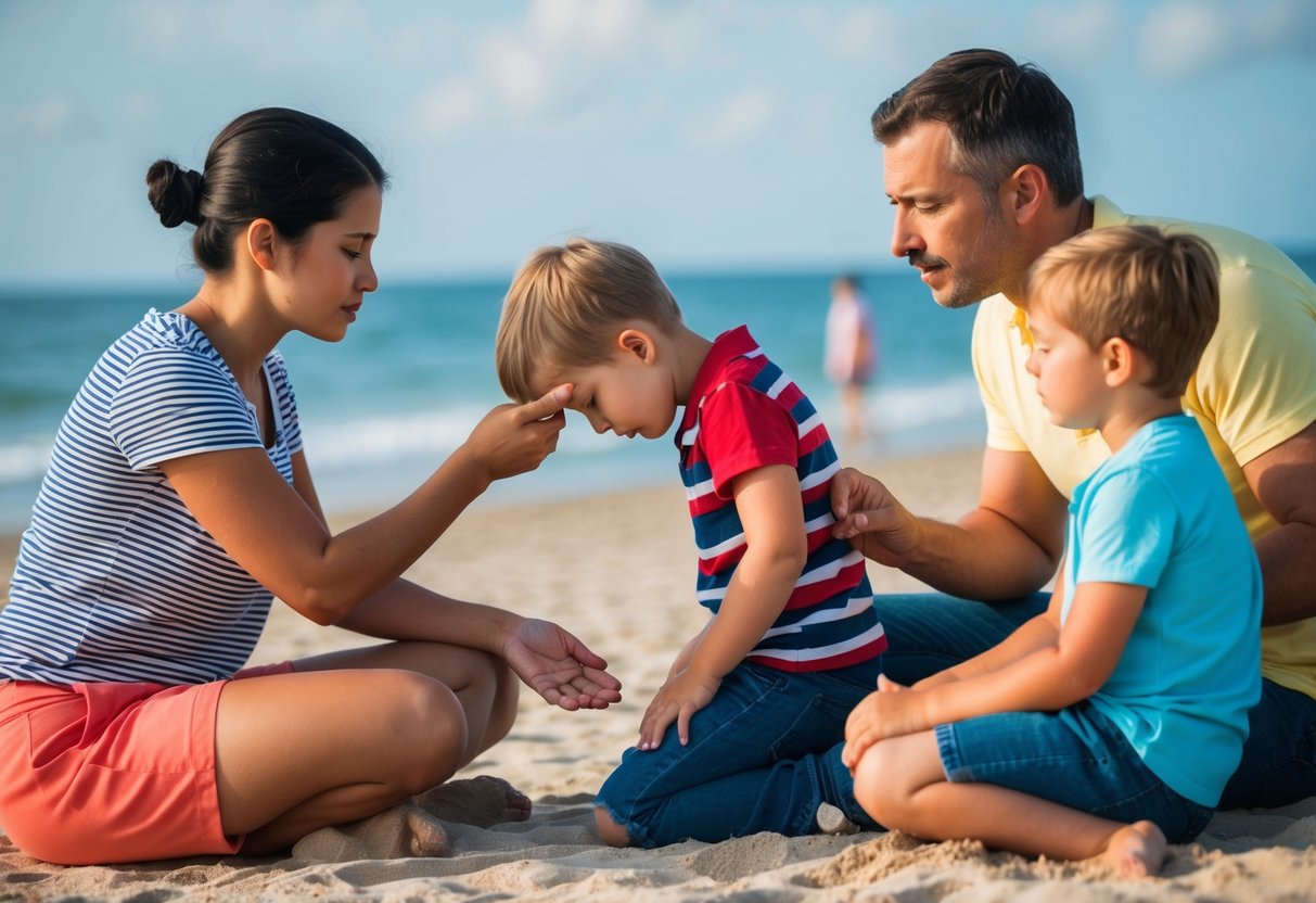 A family on a beach, parent administering first aid to a child's scraped knee, while another child looks on concerned