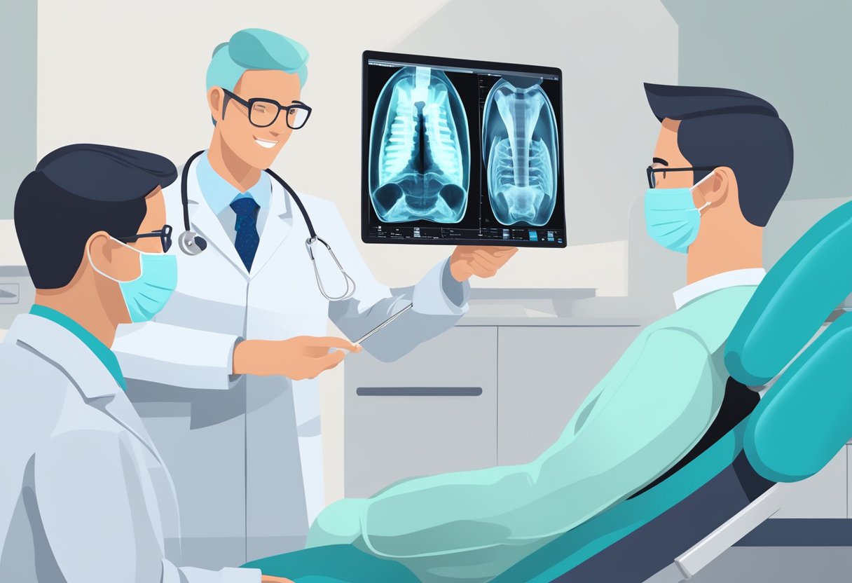 A dentist carefully examines an X-ray of a patient's jaw, pointing to areas of concern while discussing potential risks and complications of dental implants