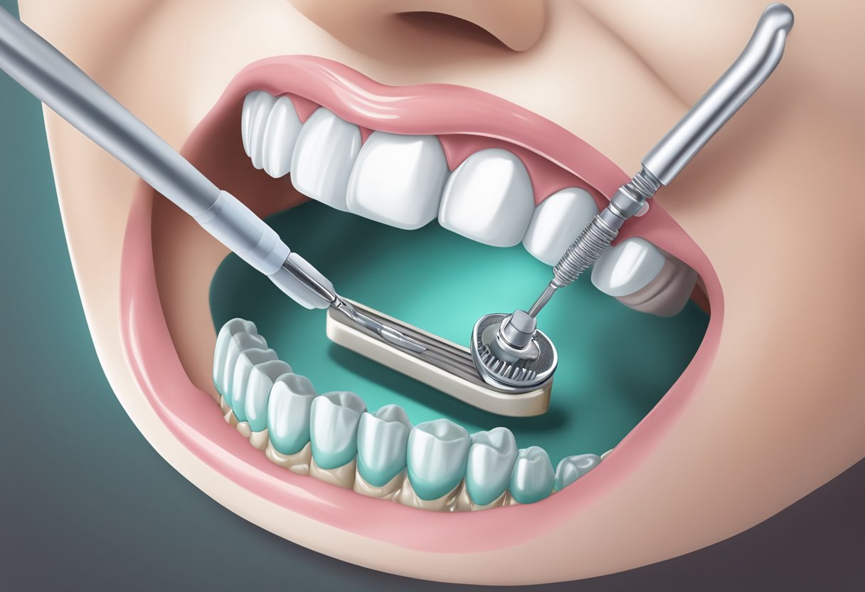 A dental implant being carefully cleaned and polished by a dental professional using specialized tools and equipment