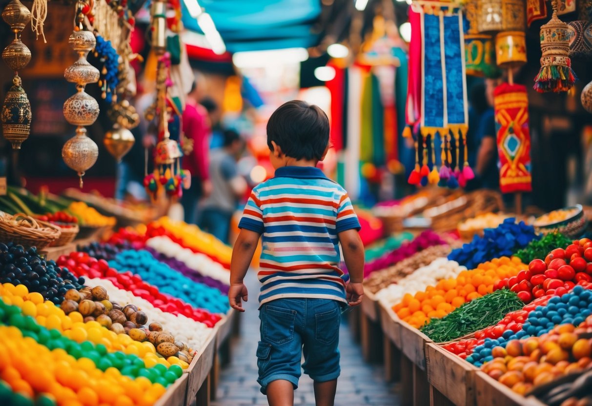 A child exploring a colorful marketplace, surrounded by diverse cultural symbols and artifacts from around the world