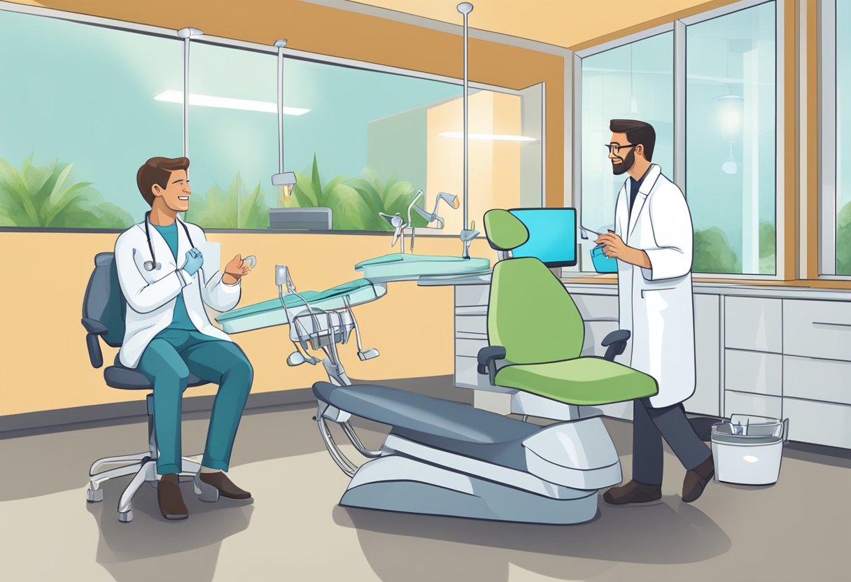 A dental office with a dentist and patient discussing tooth replacement options, including dental implants