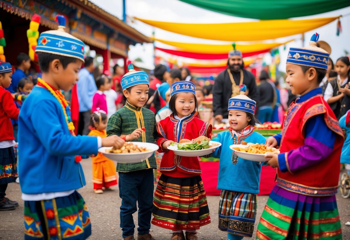 A colorful festival with traditional music, dance, and food. Children interact with locals, try new activities, and learn about different cultures