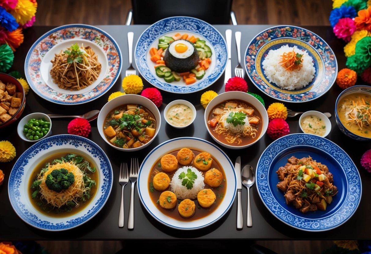 A table set with seven different traditional dishes from around the world, each representing a different culture, surrounded by colorful and vibrant decorations