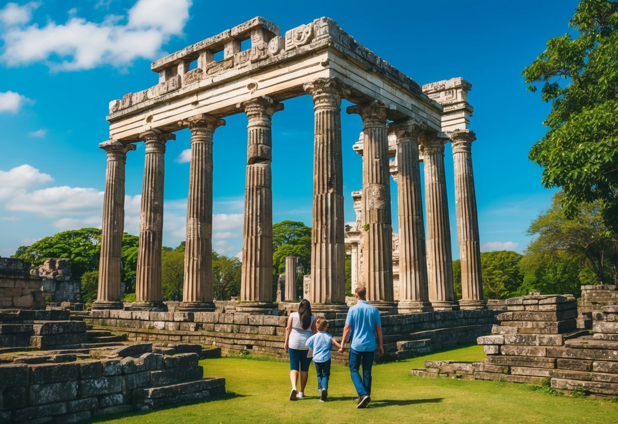 A family exploring ancient ruins, with intricate carvings and towering columns, surrounded by lush greenery and a bright blue sky