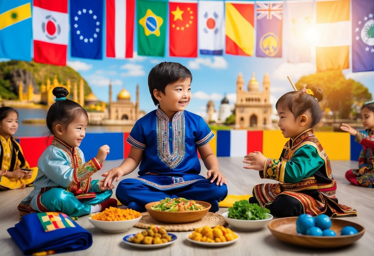 A child surrounded by diverse cultural symbols, such as flags, landmarks, and traditional clothing, while engaging in various activities like tasting new foods, learning dances, and playing traditional games