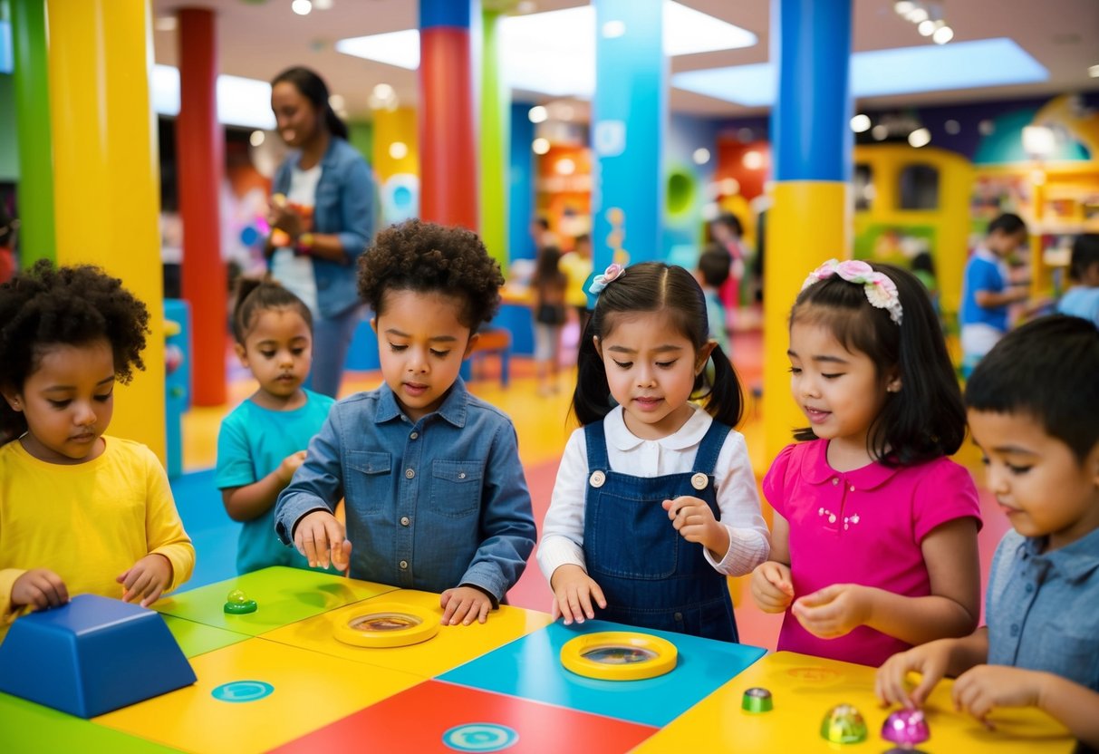 Children explore interactive exhibits at a colorful, hands-on science museum. Families engage in educational activities and learn about the world around them