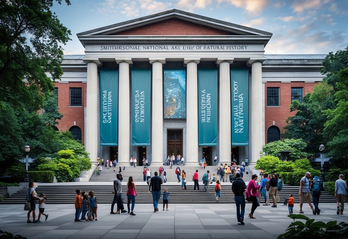 The iconic facade of the Smithsonian National Museum of Natural History, surrounded by lush greenery, with families and visitors milling about