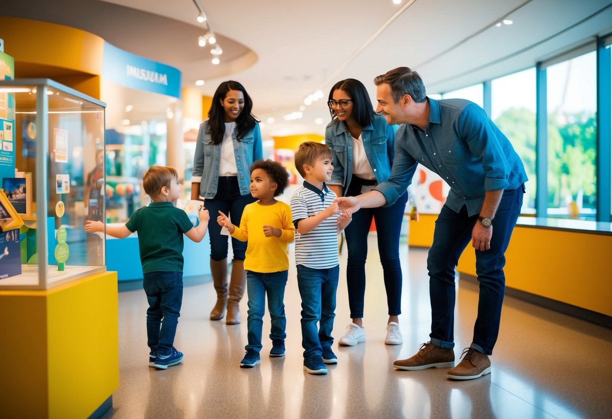 A family exploring a museum, with children engaged in interactive exhibits and parents pointing out educational displays