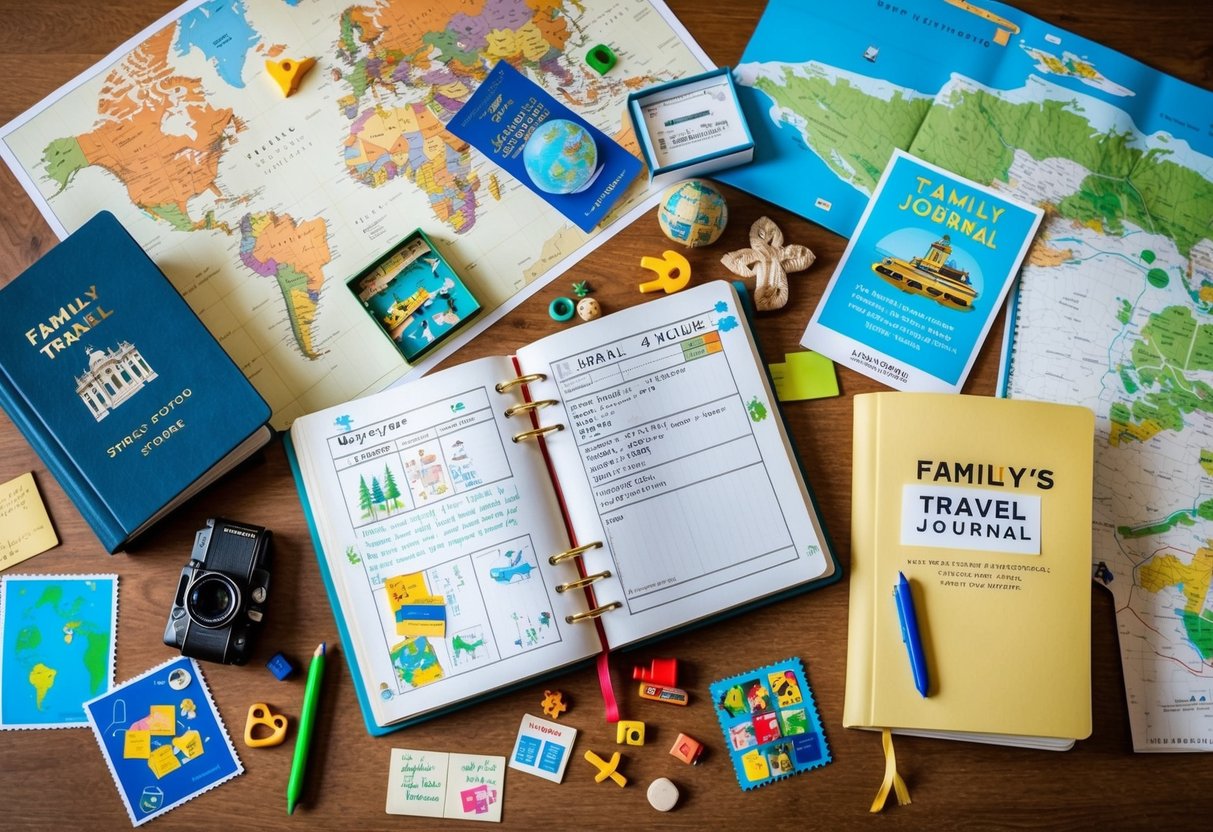 A family's travel journal surrounded by maps, postcards, and souvenirs, with children's drawings and educational notes scattered around