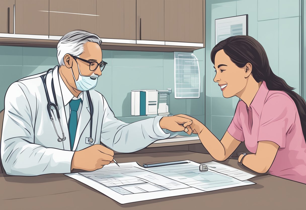 A dentist sitting at a desk, pointing to a chart showing the cost of dental implants while a patient looks on with interest