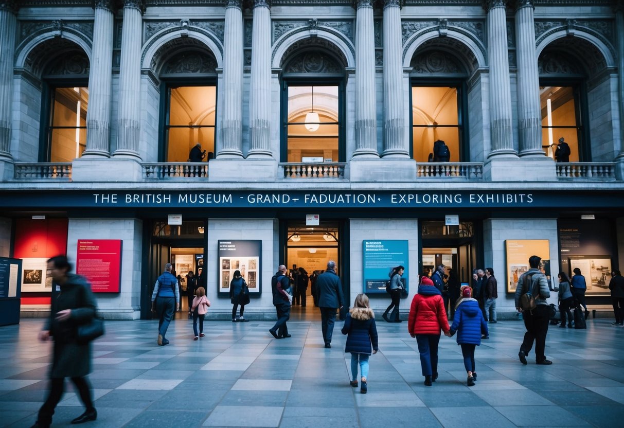 The British Museum's grand facade with families entering and exploring exhibits