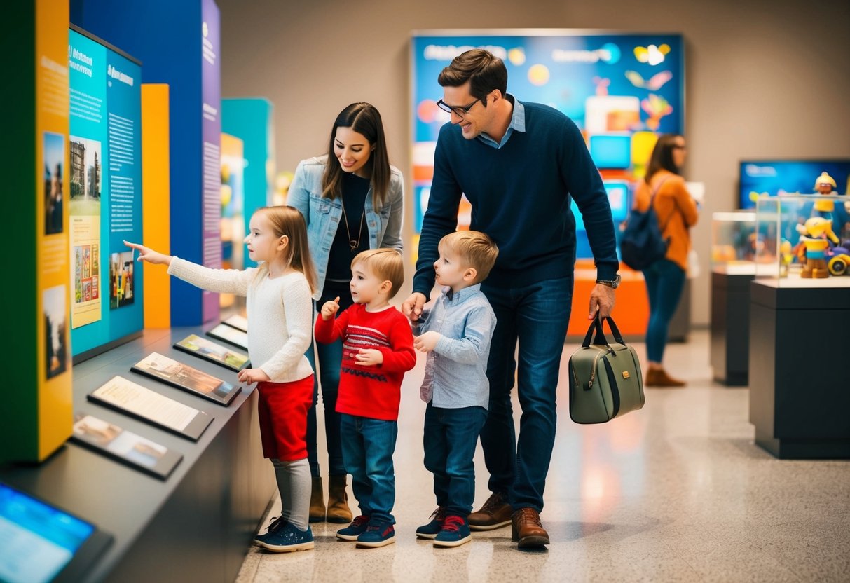 A family exploring a museum, children pointing at exhibits with curiosity, parents reading information plaques, colorful displays and interactive activities