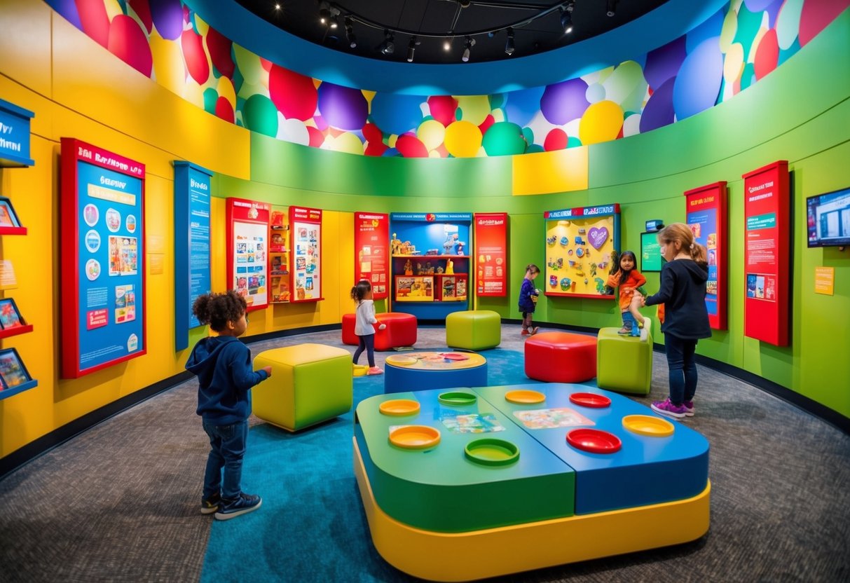 A colorful and vibrant museum with interactive exhibits, hands-on activities, and engaging displays for children and families to explore and learn together