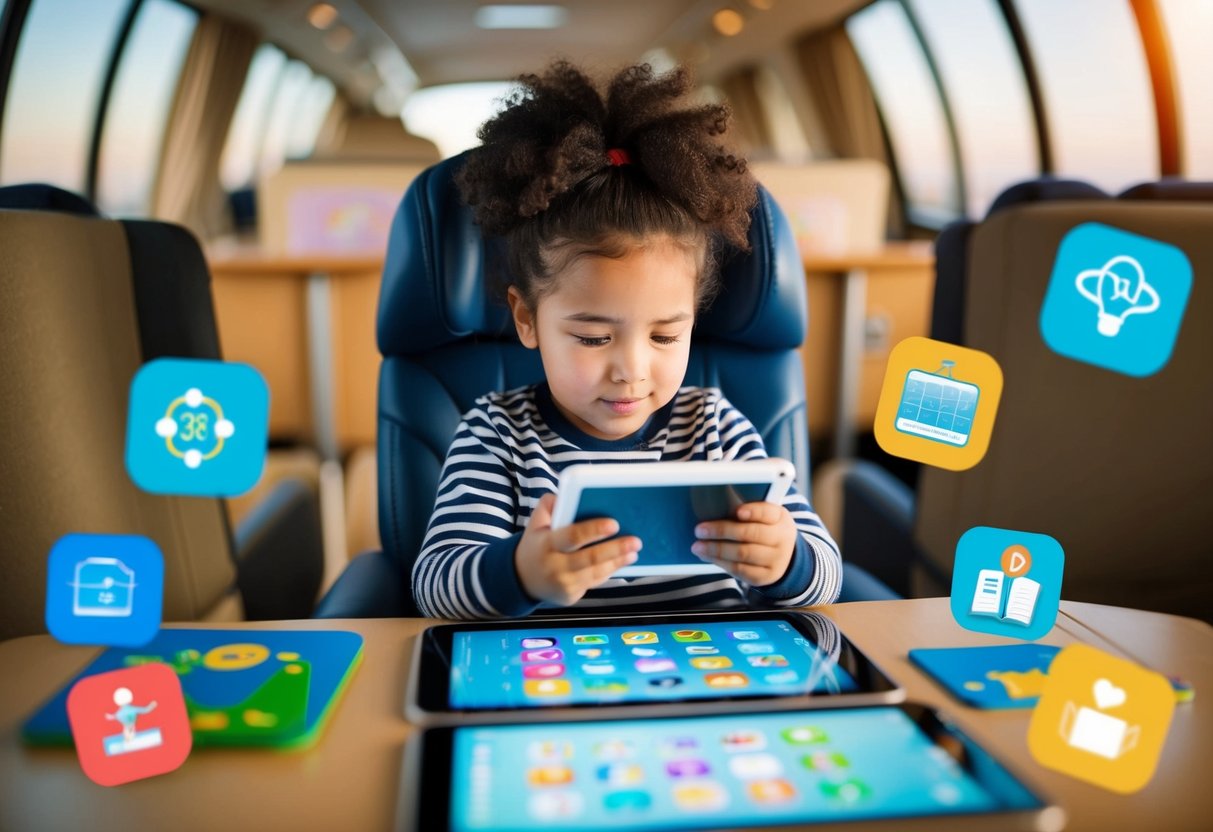 A child using a tablet or smartphone while traveling, surrounded by educational apps and interactive learning activities