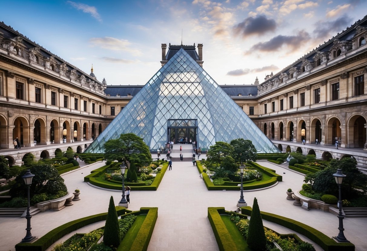 A bustling museum courtyard with a grand glass pyramid entrance, surrounded by historic architecture and lush greenery