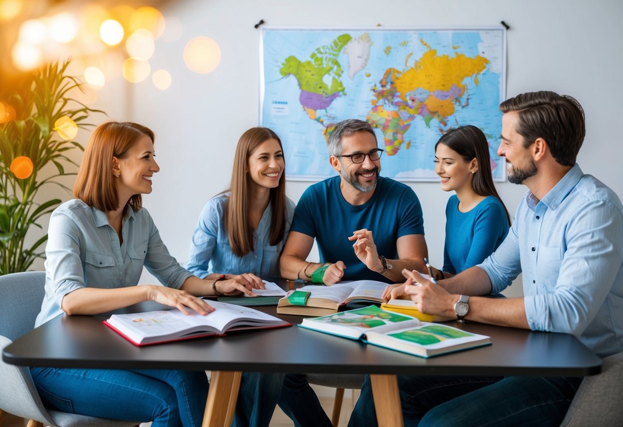 A family sits at a table with a map, books, and language guides, practicing basic phrases in the local language before their trip