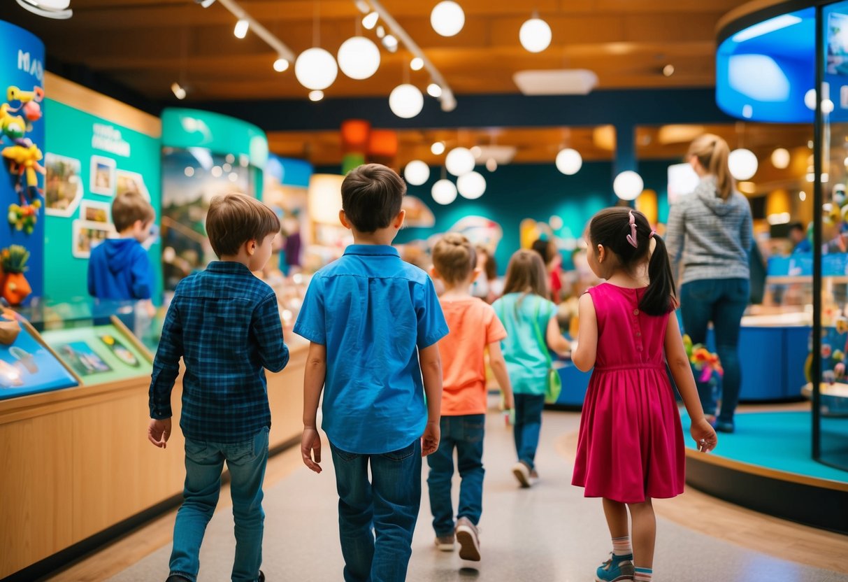 A group of children exploring a museum filled with interactive exhibits and educational displays from around the world