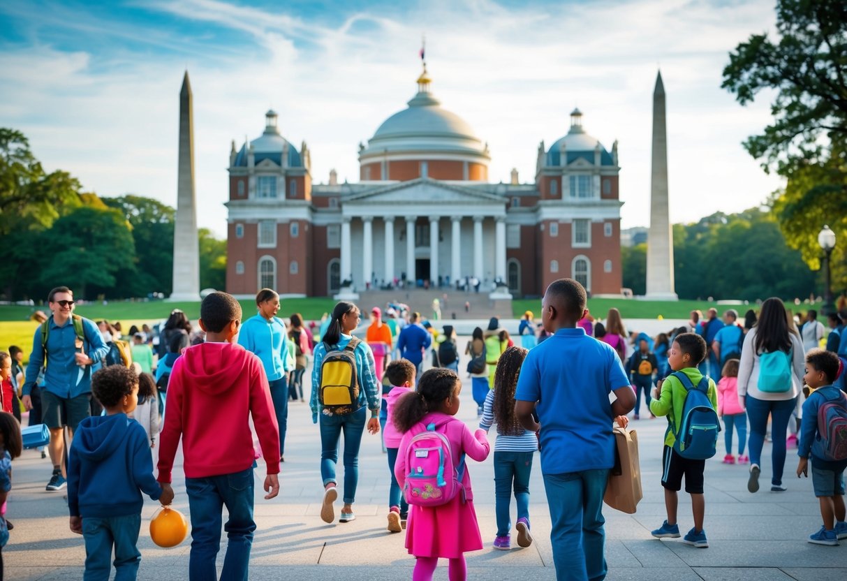 The iconic Smithsonian Castle stands amidst a bustling scene of families, with children eagerly exploring the educational wonders of Washington D.C