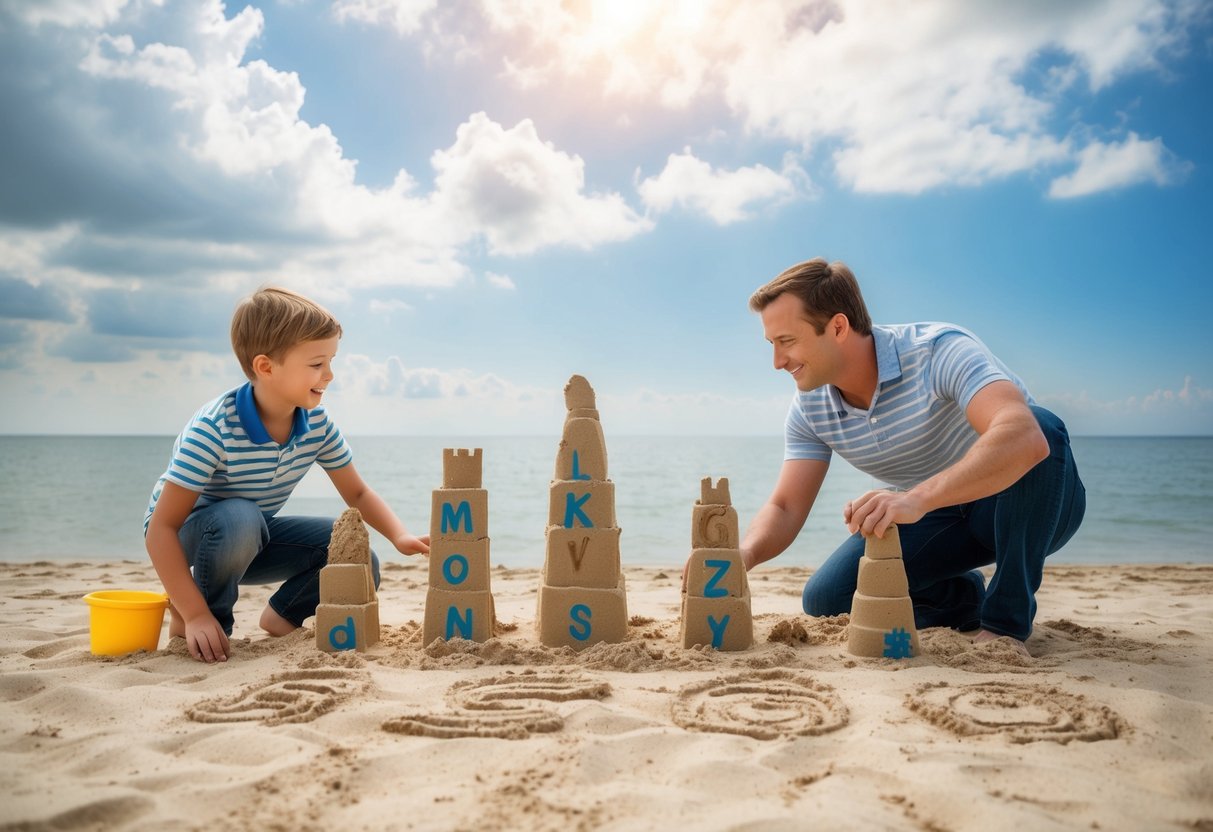 A family at a beach, building sandcastles with letters and numbers. A parent points out shapes in the clouds while kids draw them in the sand