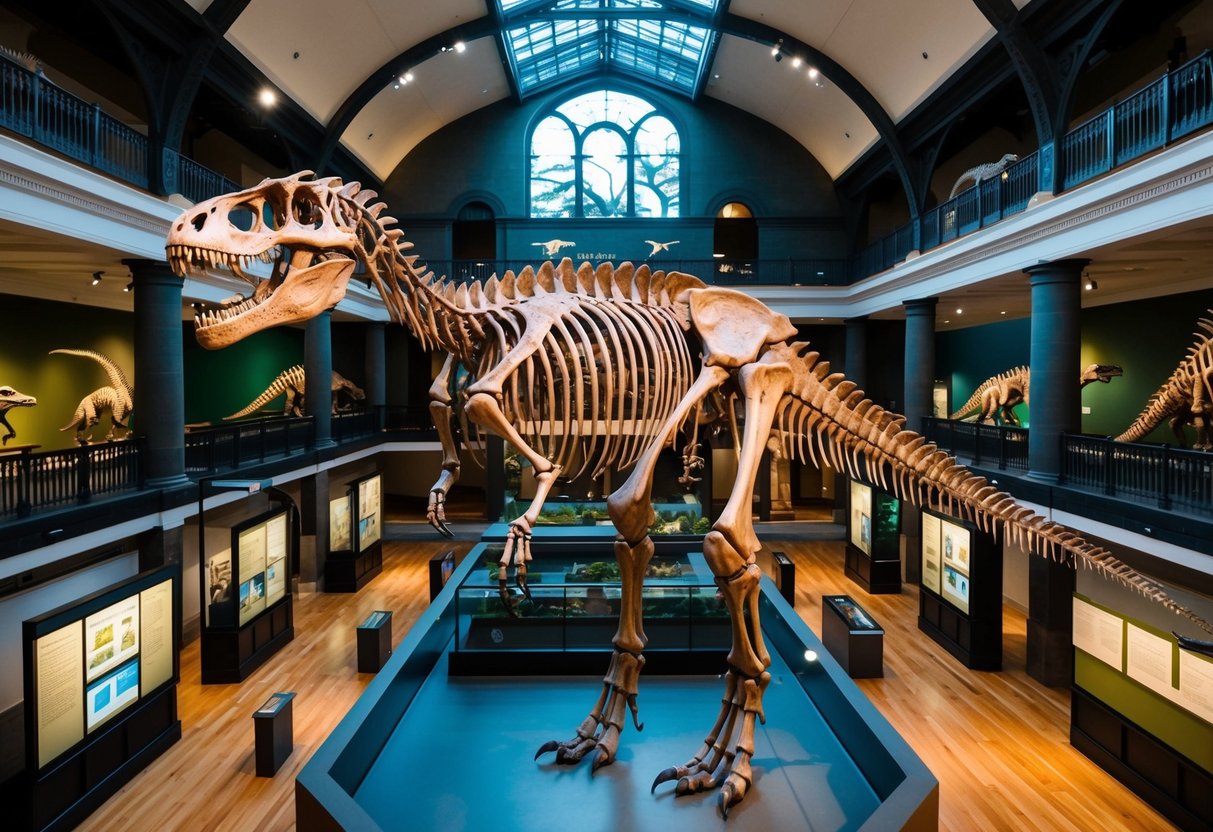 A towering dinosaur skeleton stands in the Museum of Natural History, surrounded by interactive exhibits and educational displays