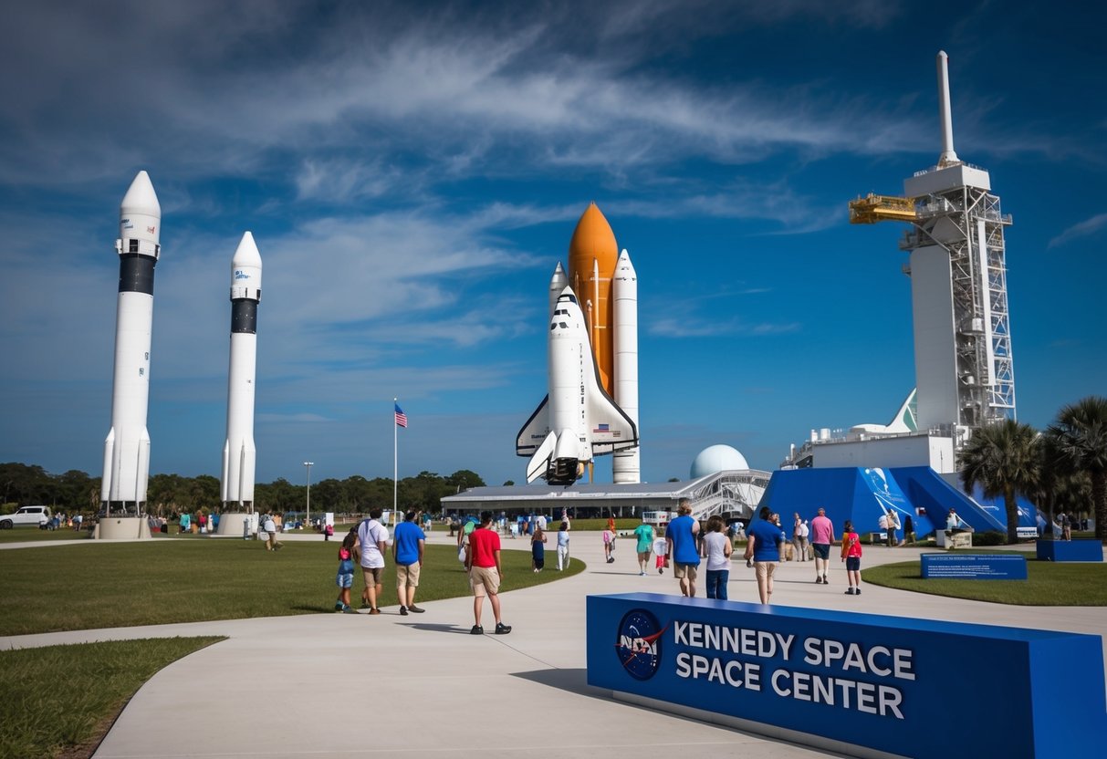 The Kennedy Space Center in Florida, with rockets on display, a space shuttle, and visitors exploring interactive exhibits and educational displays