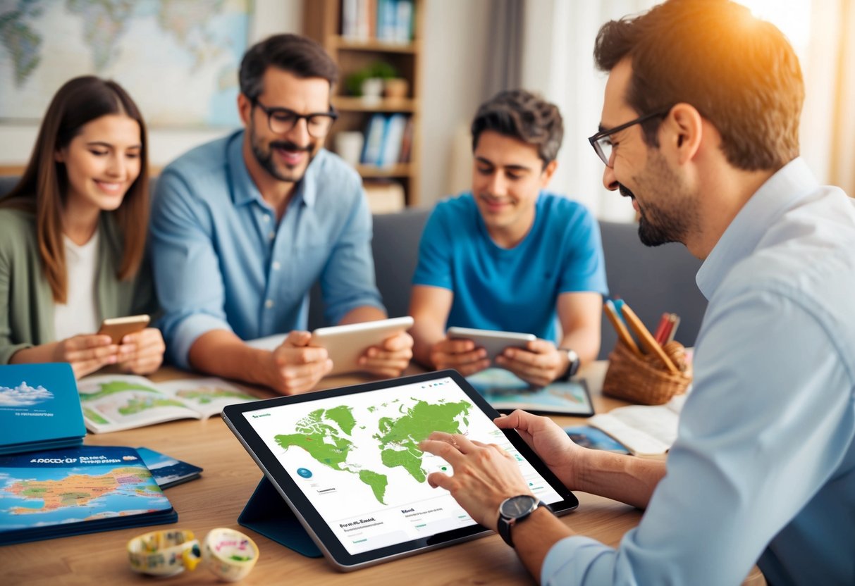 A family using a tablet to explore an interactive map while on vacation, surrounded by travel guides and souvenirs