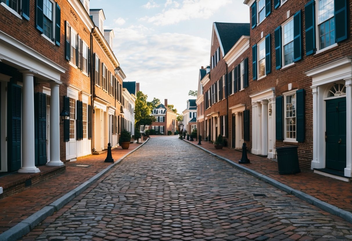 A bustling colonial street with historic buildings and cobblestone paths in Colonial Williamsburg, Virginia