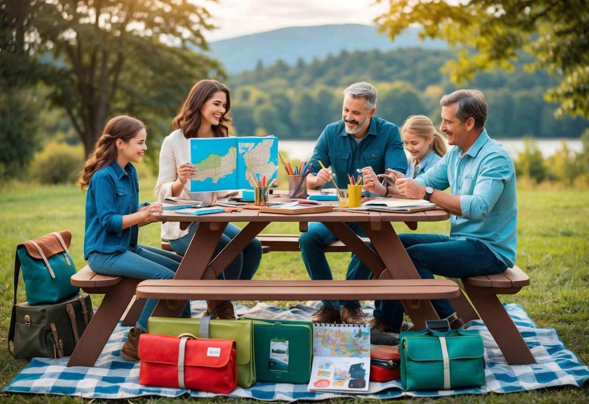 A family sits at a picnic table with a travel journal, map, and various art supplies spread out, surrounded by a scenic outdoor setting