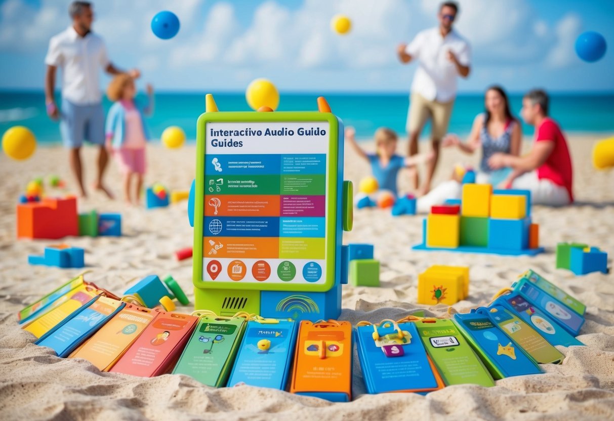 A colorful and vibrant display of interactive audio guides and playful learning activities scattered across a sandy beach with a family enjoying a fun vacation in the background