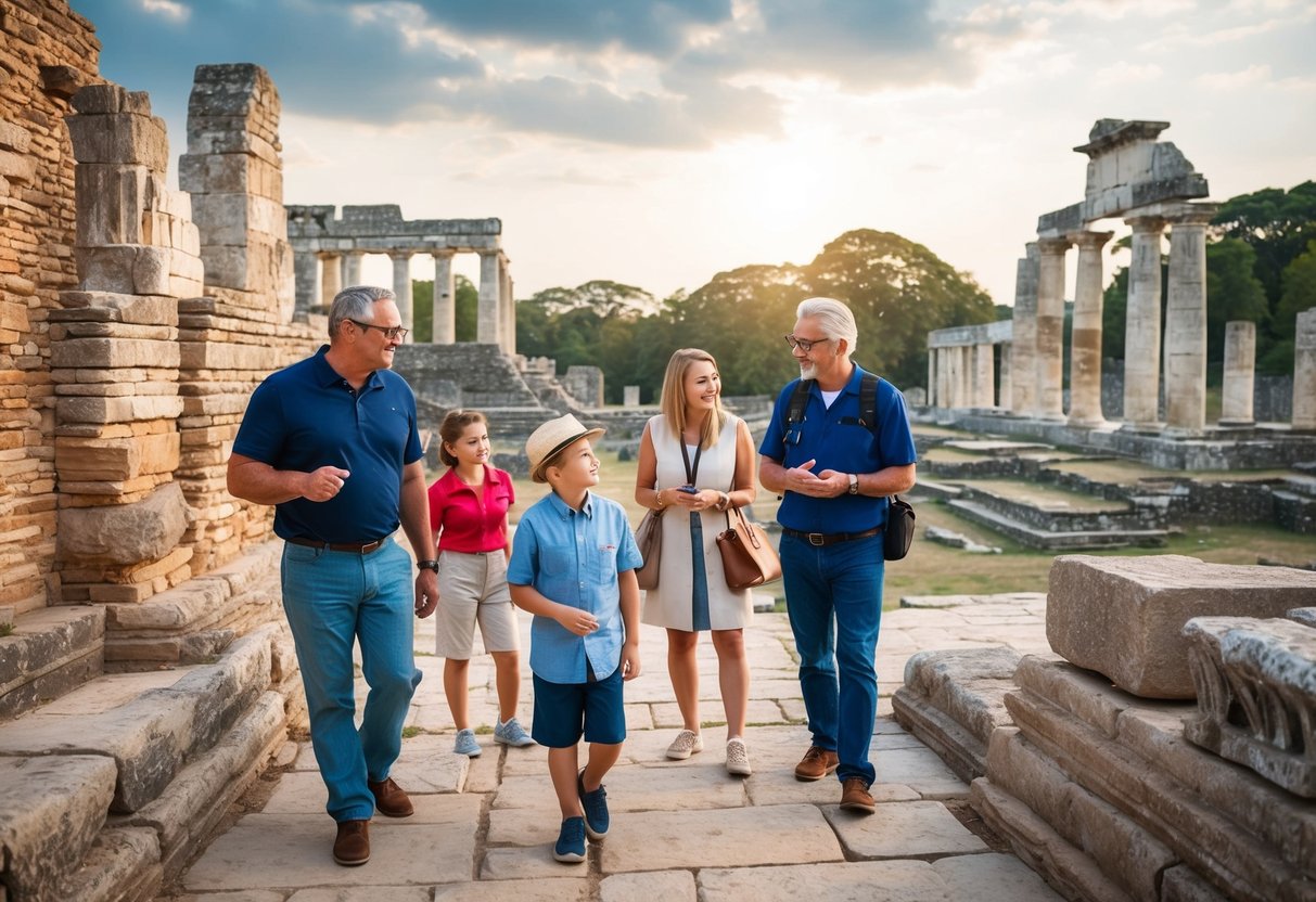 A family exploring ancient ruins with a tour guide, pointing out historical details and artifacts