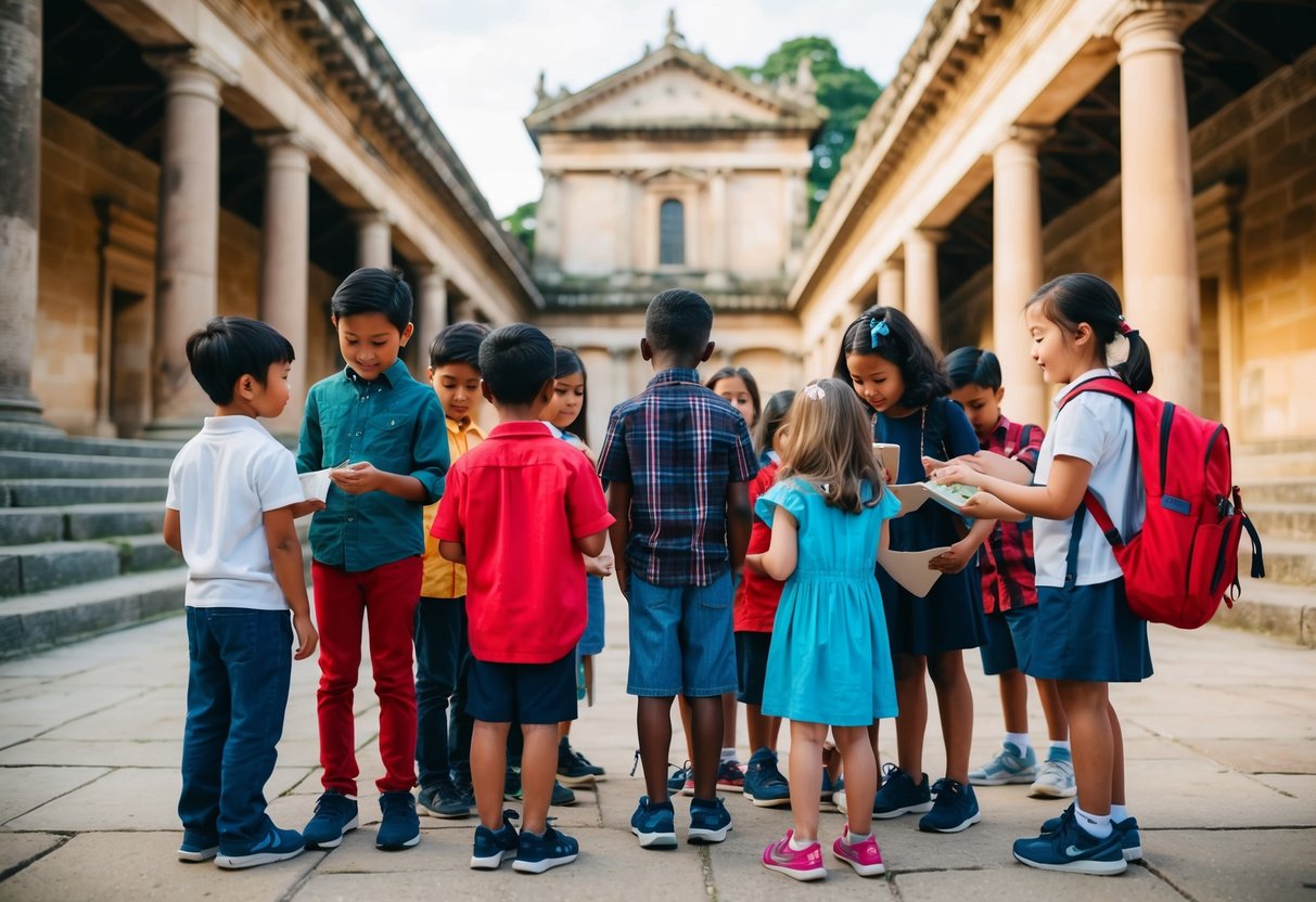 A group of children explore a historical landmark, surrounded by ancient architecture and learning about the past through interactive activities