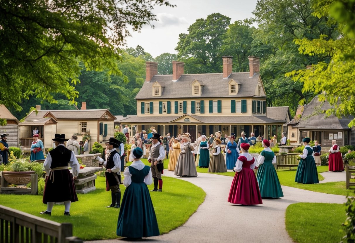 A bustling living history museum with costumed interpreters, historic buildings, and interactive exhibits, surrounded by lush greenery and filled with the sounds of period-appropriate activities