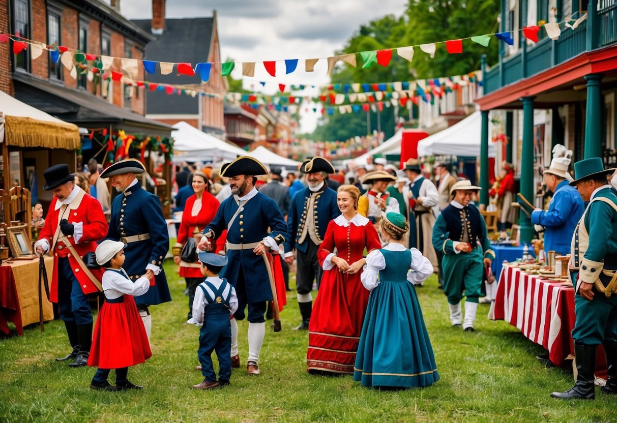 A bustling local festival with historical reenactments, traditional crafts, and interactive exhibits. Families engage with costumed performers and explore historical landmarks