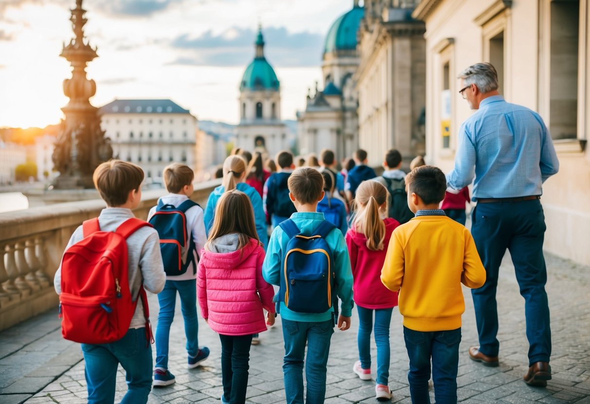 A group of children follow a tour guide through a historic city, pointing out landmarks and learning about the city's history