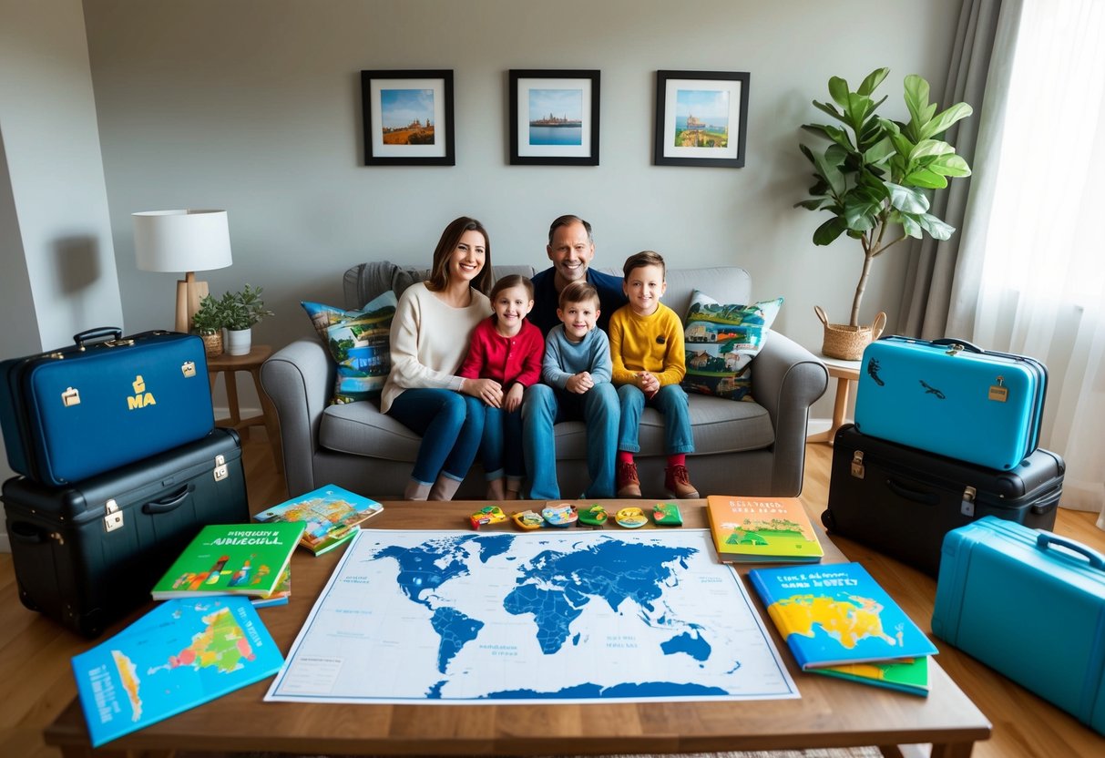 A family sitting on a cozy couch, surrounded by suitcases and travel guides. A map of the world is spread out on the coffee table, with colorful children's books about different countries scattered around