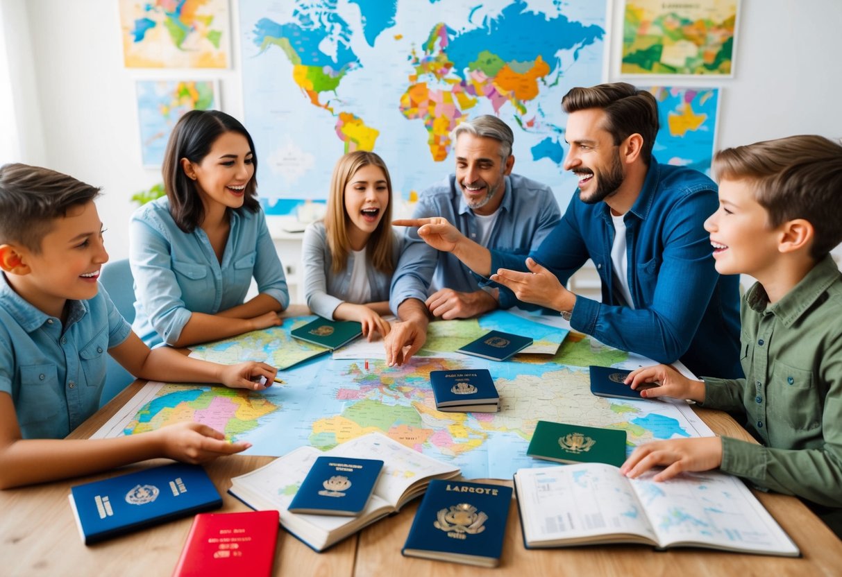 A family sits around a table covered with maps, passports, and books about different countries. They are excitedly planning their upcoming trip, surrounded by colorful illustrations of far-off lands