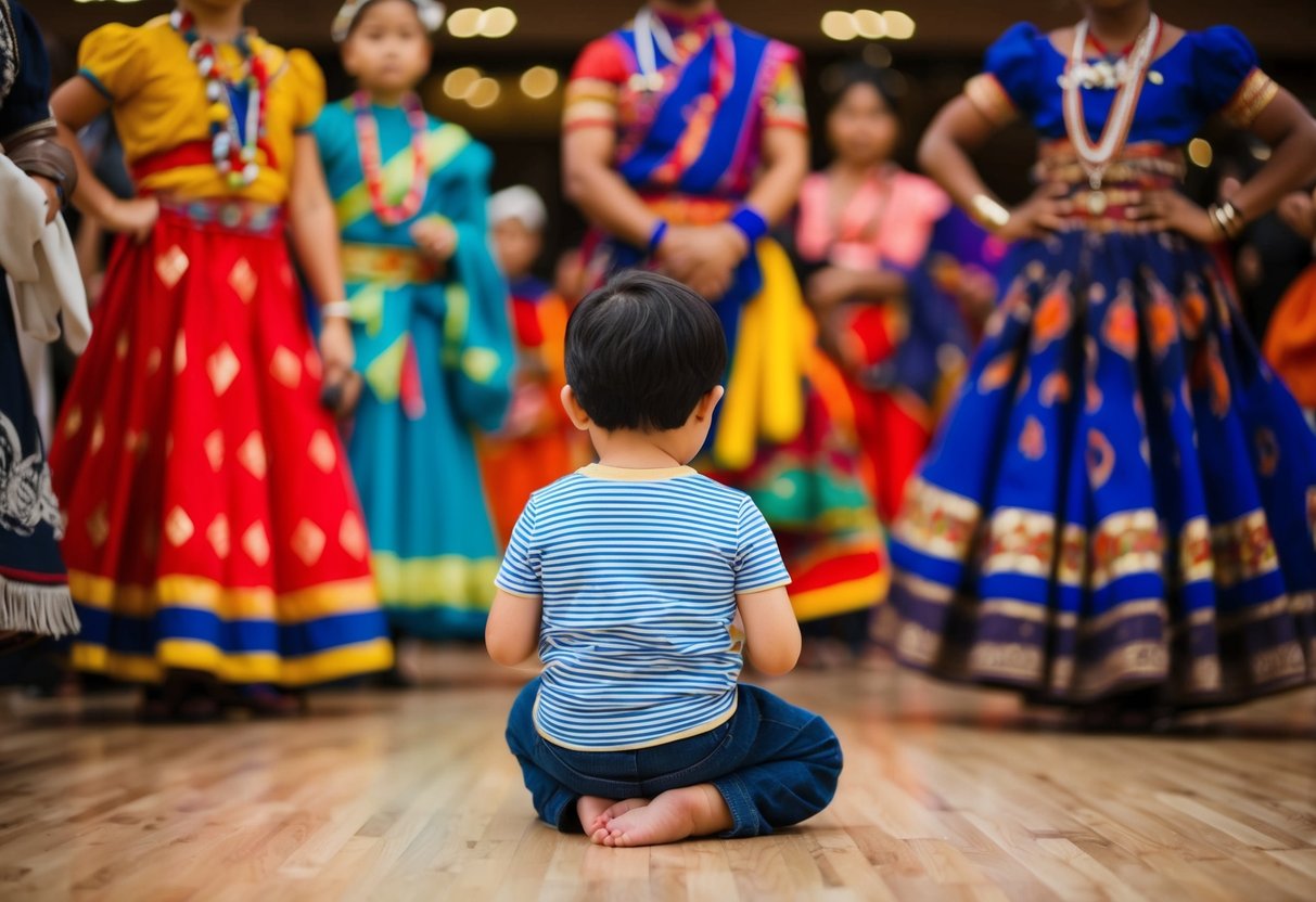 A child observing traditional dances, music, art, food, and customs from various cultures around the world