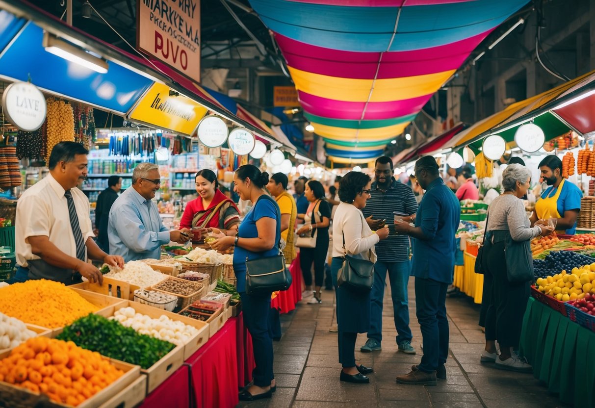 A vibrant marketplace with colorful stalls selling various goods from different countries. People from diverse backgrounds interact and exchange goods