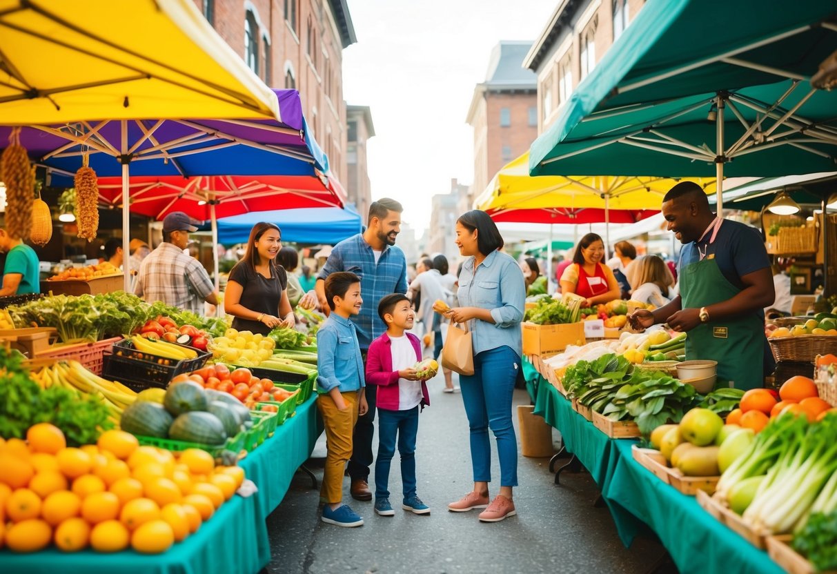 A bustling farmers' market with colorful stalls, fresh produce, and diverse cultural foods. Families and vendors interact in a lively, vibrant atmosphere