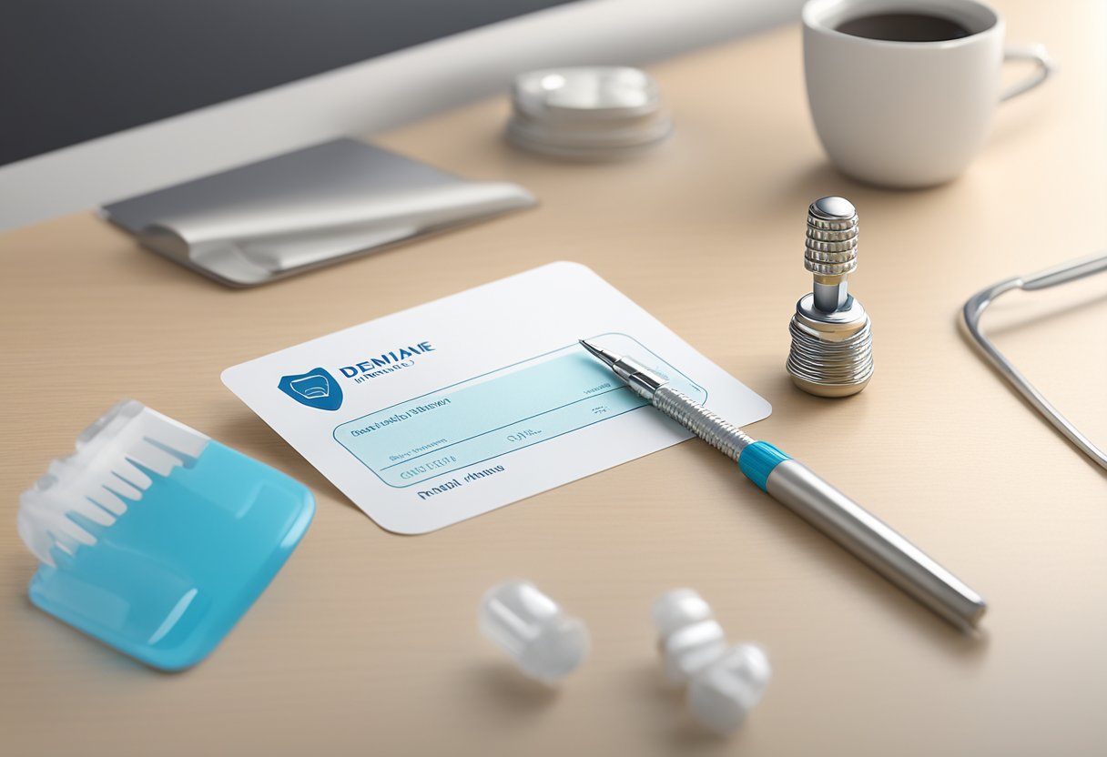 A dental insurance card next to a dental implant model on a clean, modern desk