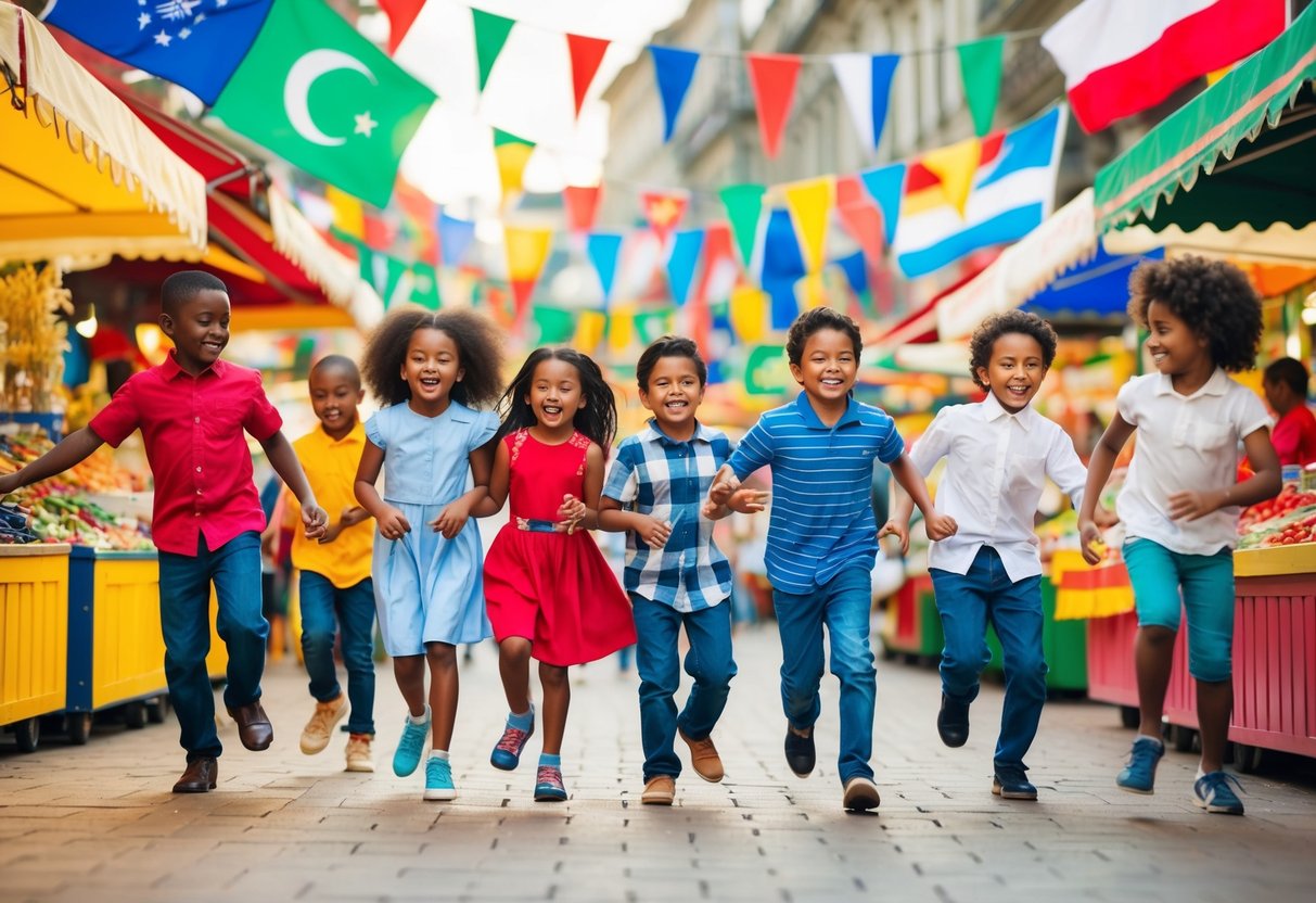 A diverse group of children from different countries playing together in a vibrant, bustling marketplace. The scene is filled with colorful stalls and flags representing various cultures