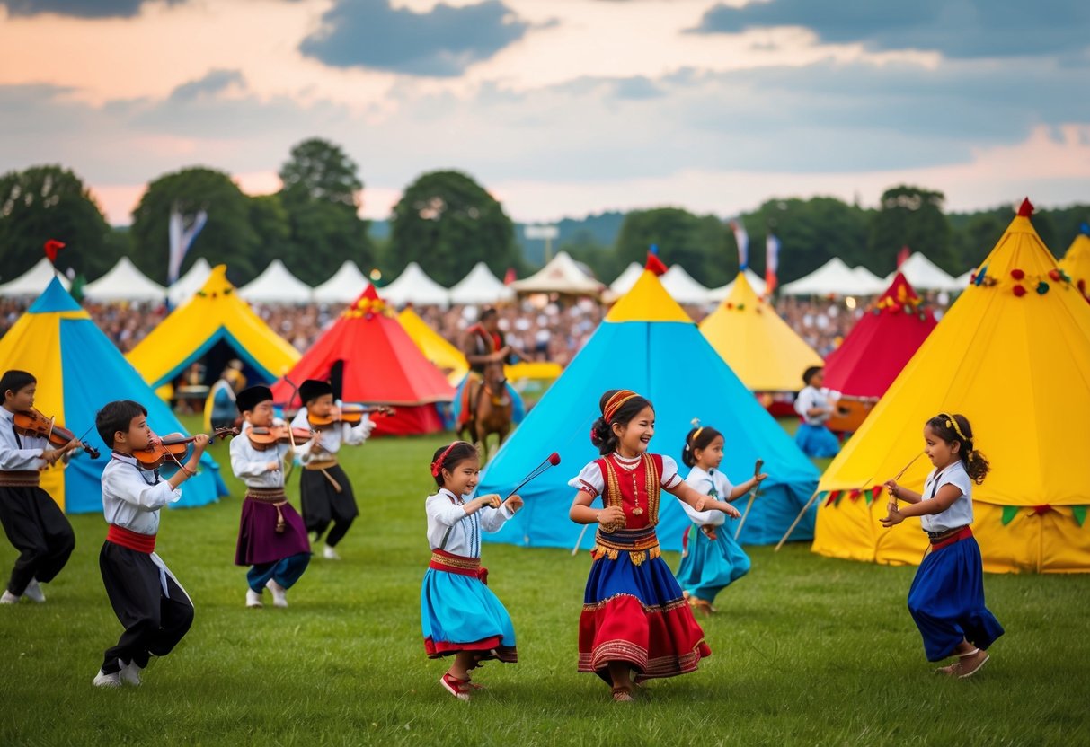 Colorful tents and stages fill a grassy field, with musicians playing traditional instruments and children dancing and enjoying the lively atmosphere