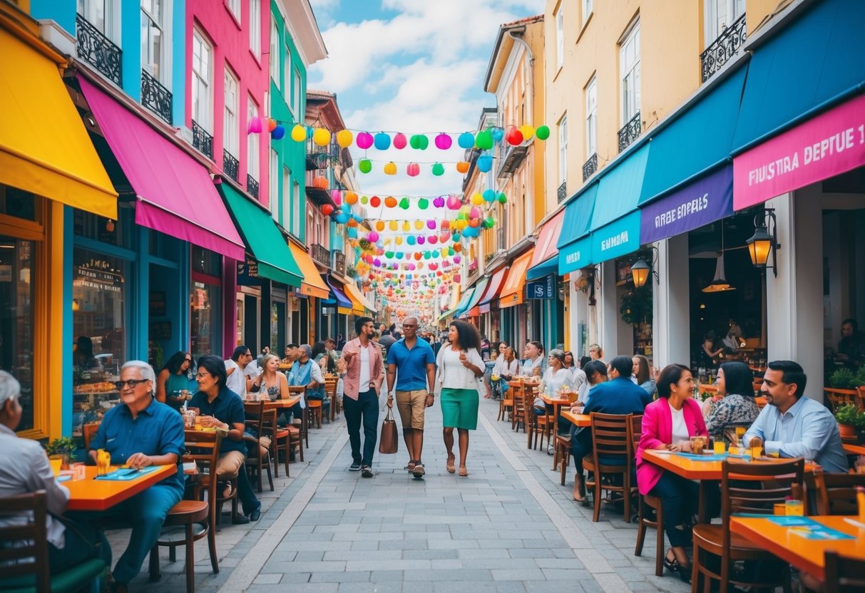 A bustling street lined with colorful shops and restaurants representing different cultures, with vibrant music and diverse people enjoying the various cultural experiences