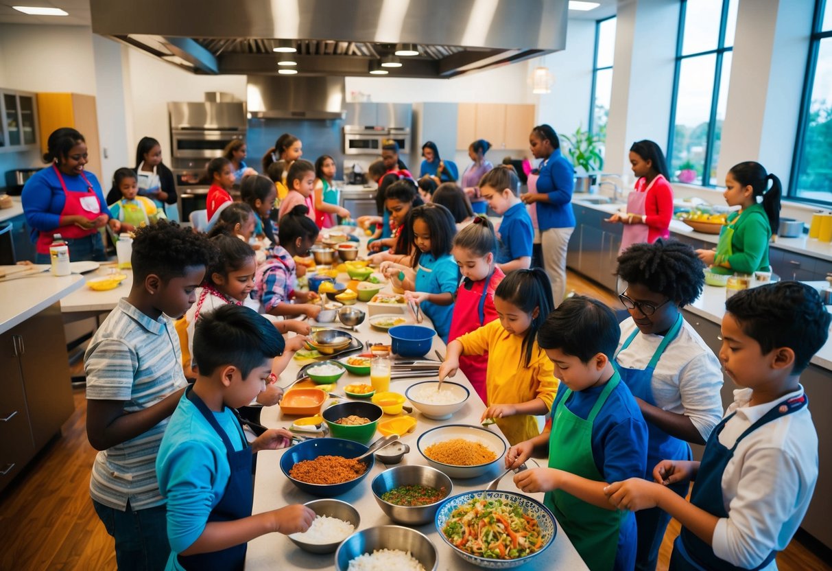 A diverse group of children and adults gather around a large communal kitchen, each engaging in different cultural cooking activities. A variety of ingredients and cooking utensils are spread out on the counter, creating a vibrant and lively atmosphere