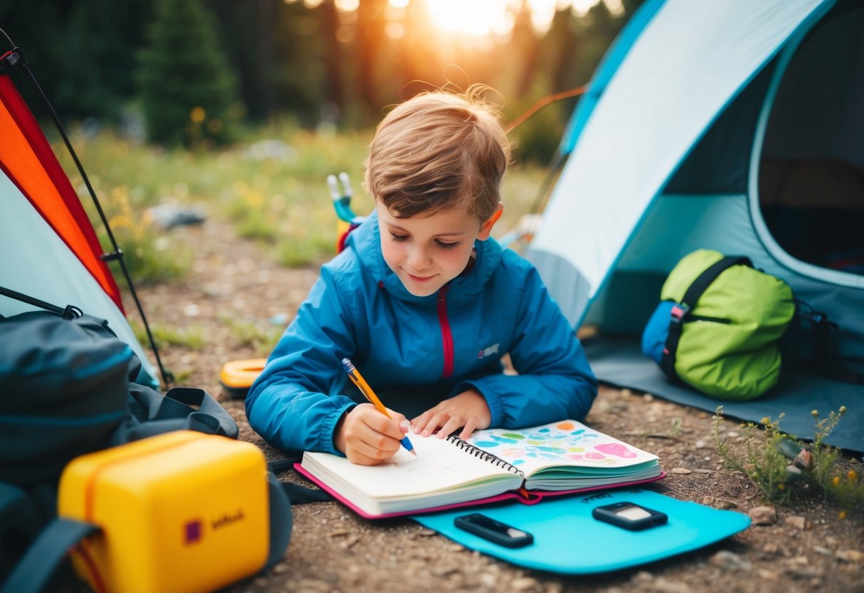 A child sitting at a campsite, surrounded by nature and adventure gear, writing in a colorful travel journal