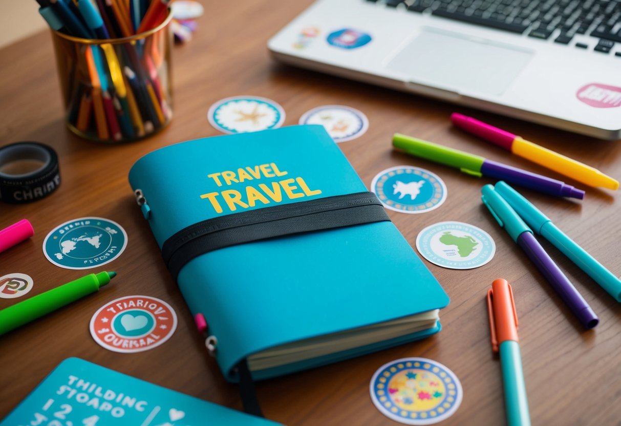 A child's travel journal surrounded by colorful pens and stickers on a table